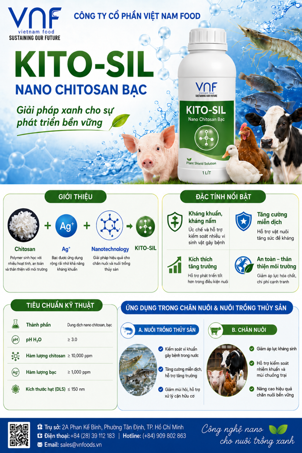 Vietnam Food Joint Stock Company (VNF) develops Kito-Sil, a nano chitosan silver complex to control pathogens and reduce antibiotic use